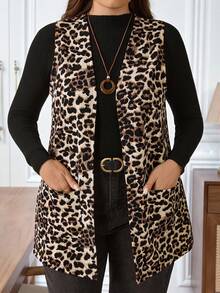 EMERY ROSE 大码女装秋/初春休闲时尚豹纹口袋开襟无袖外套，适合初春休闲穿着，外出休闲，新款简约时尚，日常穿着，大码女装，新年、感恩节、情人节等节日穿着，2026新款，简约时尚，春季女装，无袖开衫，适合度假、节日、春季穿着，情人节等节日穿着。 - 彩色 - 查看 5