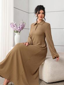 Mulvari Knitted Solid Color Textured Fabric Shirt Collar Button Decor Long Sleeve Loose Elegant Everyday Dress - Brown - View 7