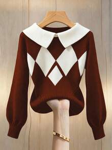 SHEIN Franclia Blogger-Inspired Colorblock Diamond Pattern Turtleneck Lantern Sleeve Sweater - Multicolor - View 3