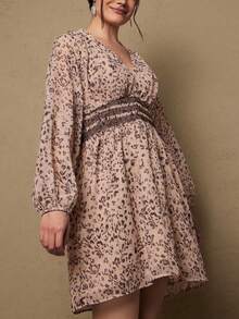 SHEIN VCAY Große Größen Lässig Leoparden-Muster V-Ausschnitt Taillengegurtetes Laternärmel Kleid, Herbst - Aprikosenfarben - Übersicht 5