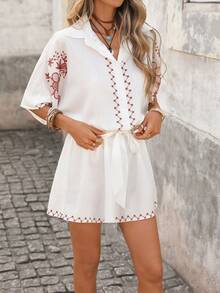 Brillora Bộ áo liền quần tay ngắn phối màu tương phản dành cho nữ, kiểu dáng thường ngày. - trắng - Xem 7