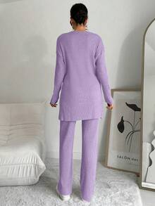 EURMUSE 100%Cotton Women's Solid Color Striped Round Neck Top And Pants Two Piece Set - Lilac Purple - View 2