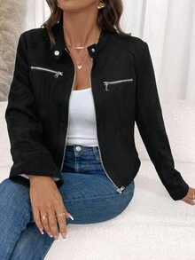 SHEIN Clasi Winter Clothes For Women,Slim Fit Zip-Up Fleece Jacket With Lining, Black High Collar Casual Street Style Long Sleeve Women's Jacket For Autumn/Winter Black Jacket Women Cropped Jacket Black Crop Jacket Jackets For Women Casual Black Blazer Women,Cozy Fall And Winter Clothes For Womenwinter Christmas New Year Party Casual Elegant