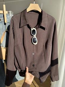 SHEIN EZwear 大码女式条纹翻领单排扣休闲百搭通勤长袖衬衫 - 棕色 - 查看 3