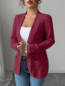 SHEIN PETITE 女款休閒螺紋刷毛開襟側口袋短版輕量外套 紅色開襟外套 女款開襟外套 有口袋休閒開襟外套 紅色長袖開襟外套 - 酒紅色 - 查看 5