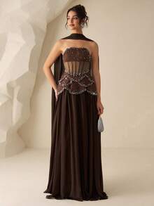 Coutiva Women's Elegant Luxury Rhinestone Embellished Halter Dress, Flowy Design, High-End Evening Gown - Coffee Brown - View 1