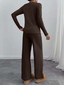 EURMUSE Women 2 Piece Casual Long Sleeve Top And Pants Set - Brown - View 2
