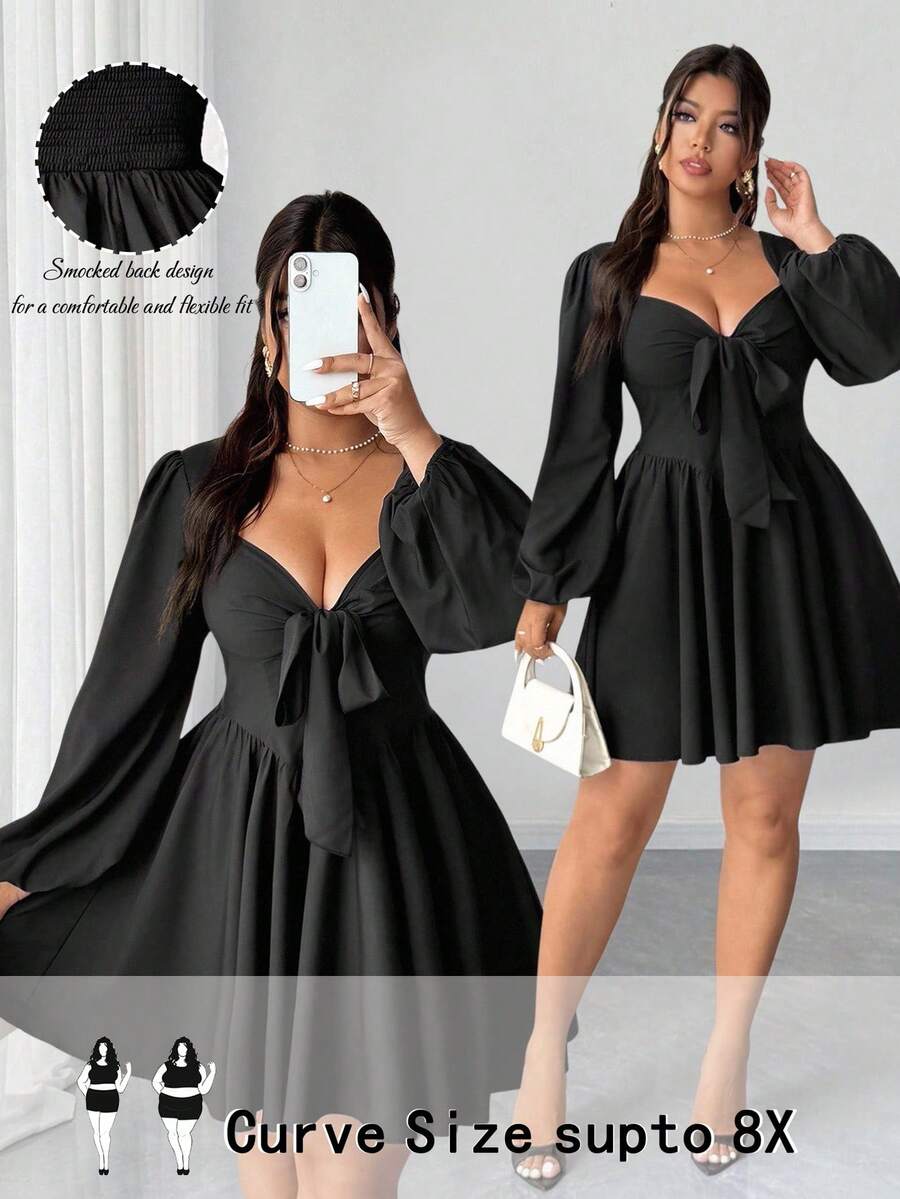 SHEIN CURVE+ 大码女士性感系带露背镂空黑色迷你连衣裙，秋季款 - 黑色 - 查看 1