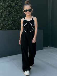 SHEIN 纹理面料吊带连体裤，法式蝴蝶结设计，小众优雅时尚，垂坠修身直筒连体裤，春夏款 - 黑色 - 查看 6