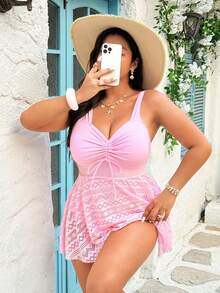 Swim Lushoire Plus Size Solid Color Hollow-Out One-Piece Swimsuit, Vacation & Beach - Pink - View 5