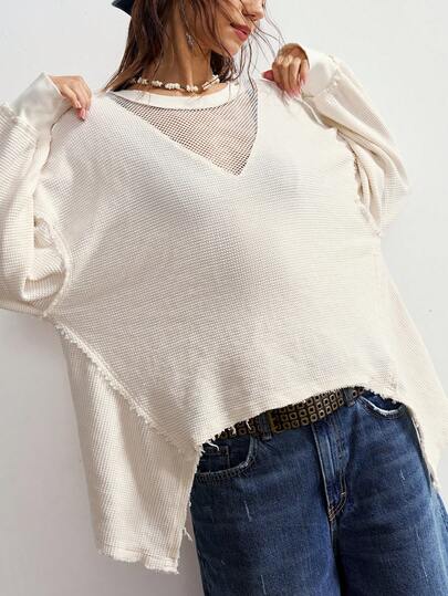 Bohemela Women's Simple Casual Crew Neck Loose Irregular Hem Knitted Mesh Faux Two-Piece Washed Long Sleeve Sweatshirt, For New Year's Eve, Casual Women , Pullover Top