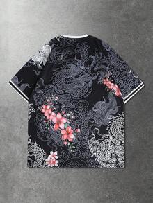 ROMWE MEN Prep 男士休闲时尚街头中国龙、字母和樱花印花插肩短袖足球T恤，夏季 - 黑色 - 查看 2