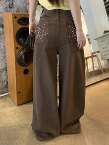 DAZY Women's Loose Wide Leg Washed Denim Jeans With Star Design - Brown - View 5