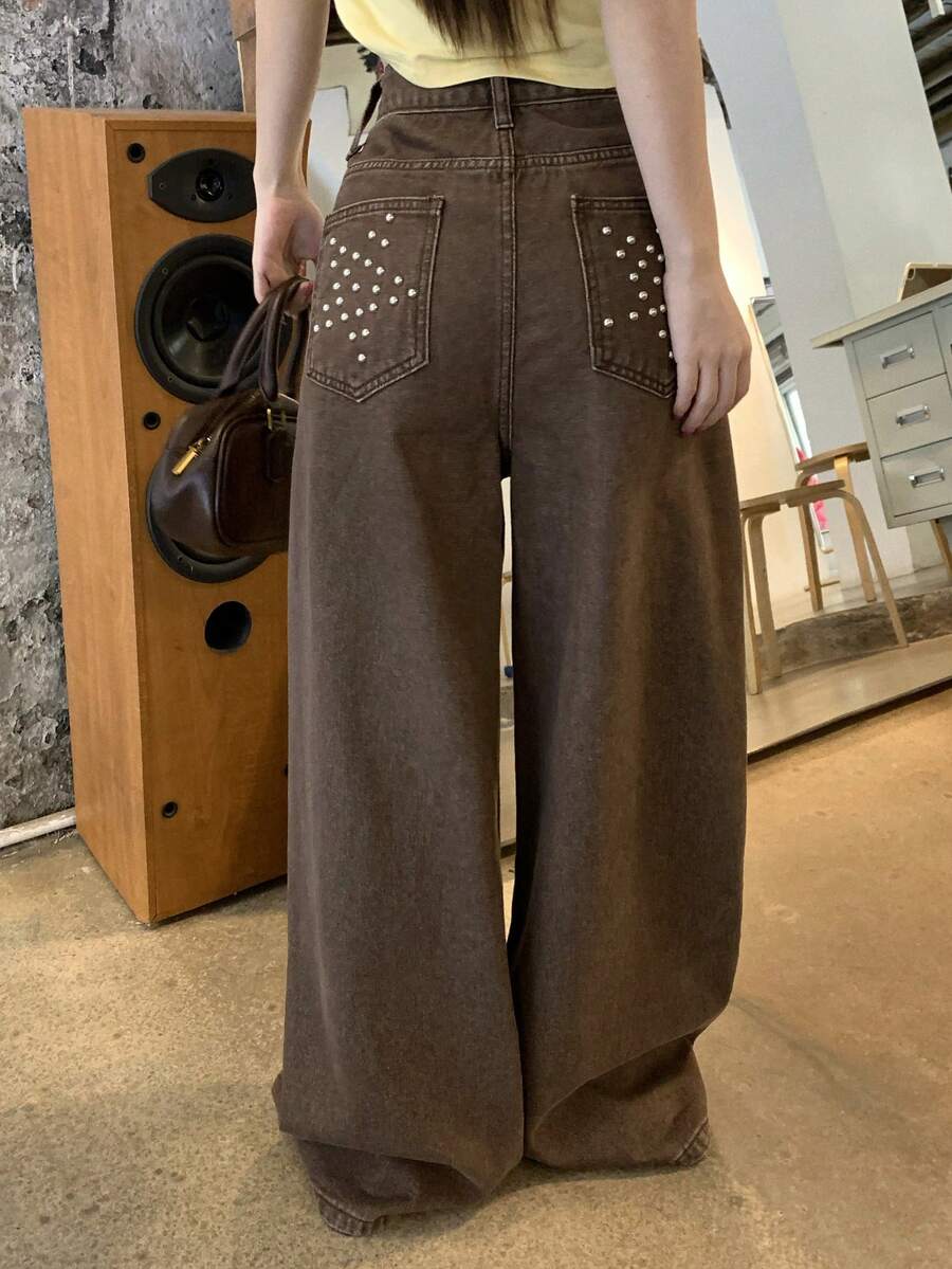 DAZY Fashionable Casual Rivet Detail Loose Wide-Leg Jeans For Teen Girls - Coffee Brown - View 1