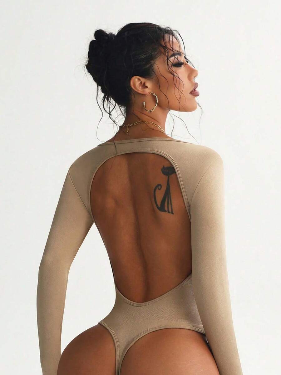 Slayform Backless Solid Color Long Sleeve Jumpsuit, Minimalist Fashion For Summer - Apricot - View 1