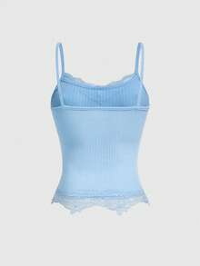 ROMWE Áo camisole nữ màu trơn tối giản phối ren, thích hợp mặc hàng ngày. - Màu xanh lam - Xem 2