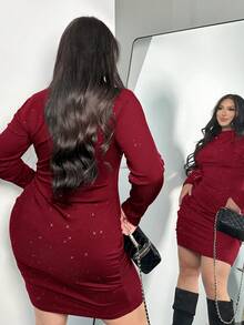 Firerie Plus Size Burgundy Autumn Elegant Sequin Striped Long Sleeve Mini Dress, Ruched Slim Fitted Elastic Mermaid Style For Weddings, Galas, Dates - Burgundy - View 4
