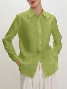 BizChic 春夏新款绿色翻领纽扣休闲衬衫，百搭易穿，适合办公室、社交场合，Y2K风格 - 綠色 - 查看 6