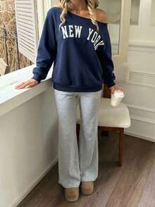 SHEIN Teen Girls Off-Shoulder Letter Print Navy Blue Sweatshirt And Grey Flare Pants Set, Autumn/Winter Outfit - Navy Blue - View 5