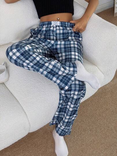 SHEIN 女士休闲格子印花弹力腰直筒家居裤