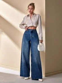 CLARA VERO Woman Low Waist Loose Wide Leg Casual Denim Jean - Dark Wash - View 6