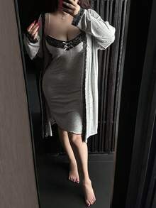 Dazy Plus Elegant Sexy 2 Pieces Sleepwear Set, Contrast Lace Slim Fit Long Nightgown & Cardigan, Plus Size Women Spring/Summer - Light Grey - View 2