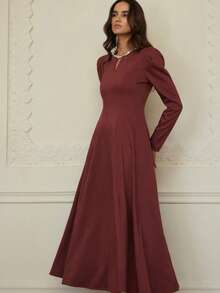 Chiquease Women's Keyhole Neck Fashionable Design Casual High-End Elegant Long Sleeve Solid Color Dress - Burgundy - View 4