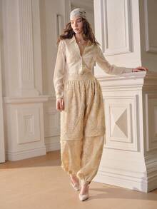 SHEIN Unity Nuevos pantalones de linterna con bordado floral de encaje francés de otoño, pantalones largos versátiles para mujer - Caqui - Ver 7