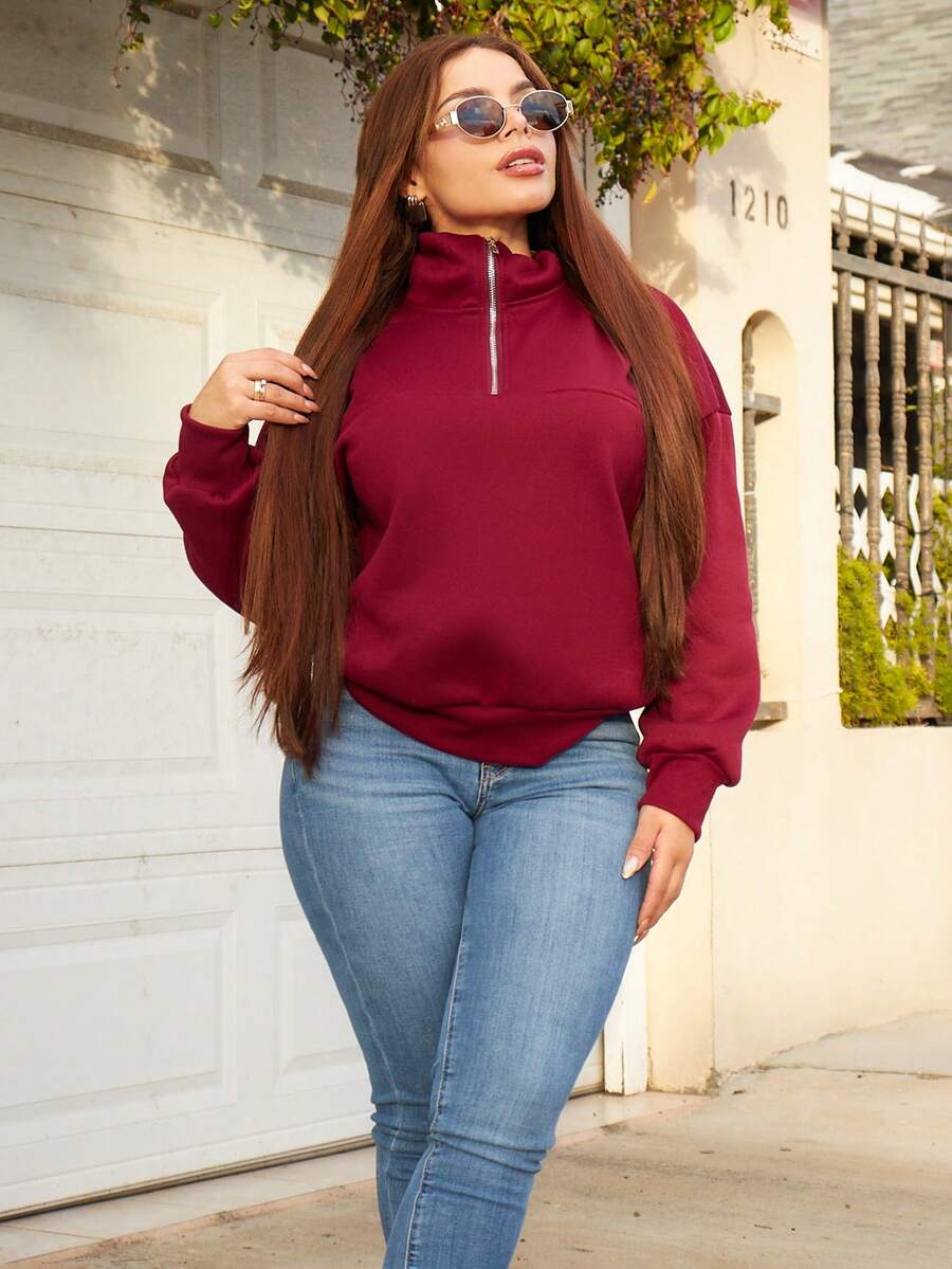 Lupita Cardoza 女士宽松拉链连帽衫 - 酒紅色 - 查看 1