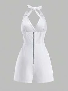 SHEIN MOD Robe en jean d'été pour femmes, col ras-du-cou sans manches, croisé et noué, couleur unie - Jean bleu - Voir 2