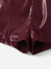 SHEIN Clasi 女士时尚纯色PU皮短裤 - 酒紅色 - 查看 4