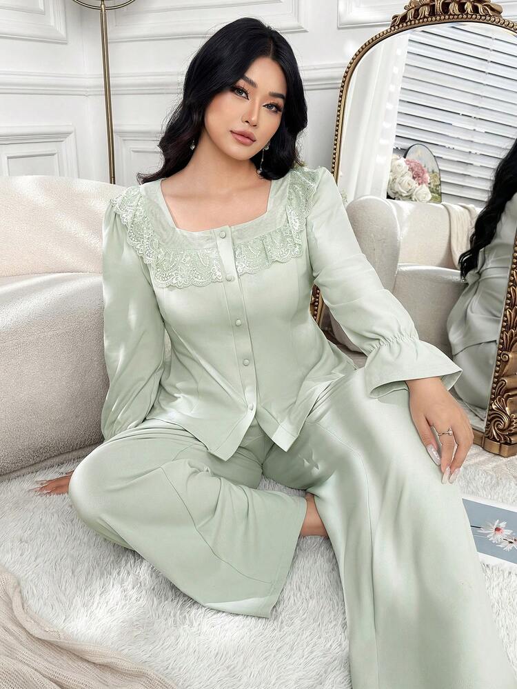 Dazy Plus Plus Size Women Elegant Contrast Lace Loose Long Sleeve Top And Straight Leg Pants Pajama Set, Spring/Summer/Autumn