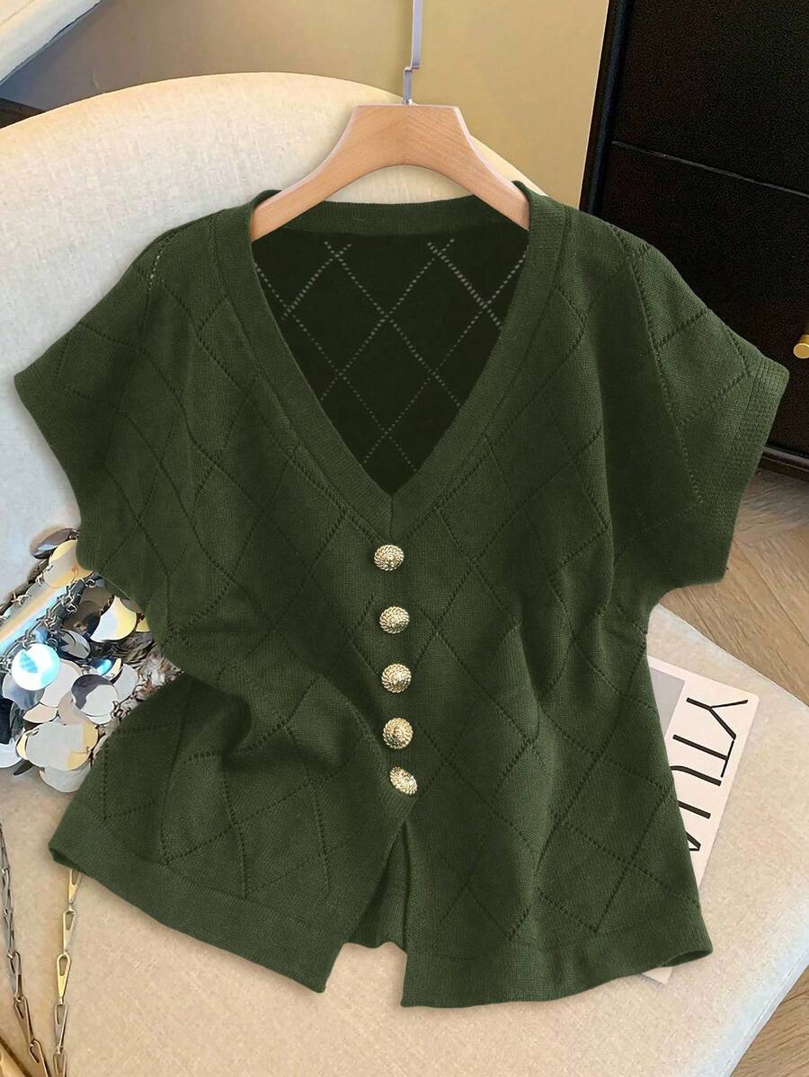 GlowEve CURVE 1 pieza Suéter de punto con botones dorados y patrón de diamantes para mujer de talla grande - Verde militar - Ver 1
