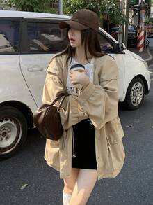 DAZY 女款純色韓式休閒風大口袋風衣，適合春秋校園穿搭 - 卡其色 - 查看 7