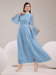 Modelyn 女士立领仿珍珠装饰网纱拼接优雅收腰派对喇叭袖连衣裙 - 淺藍色 - 查看 5