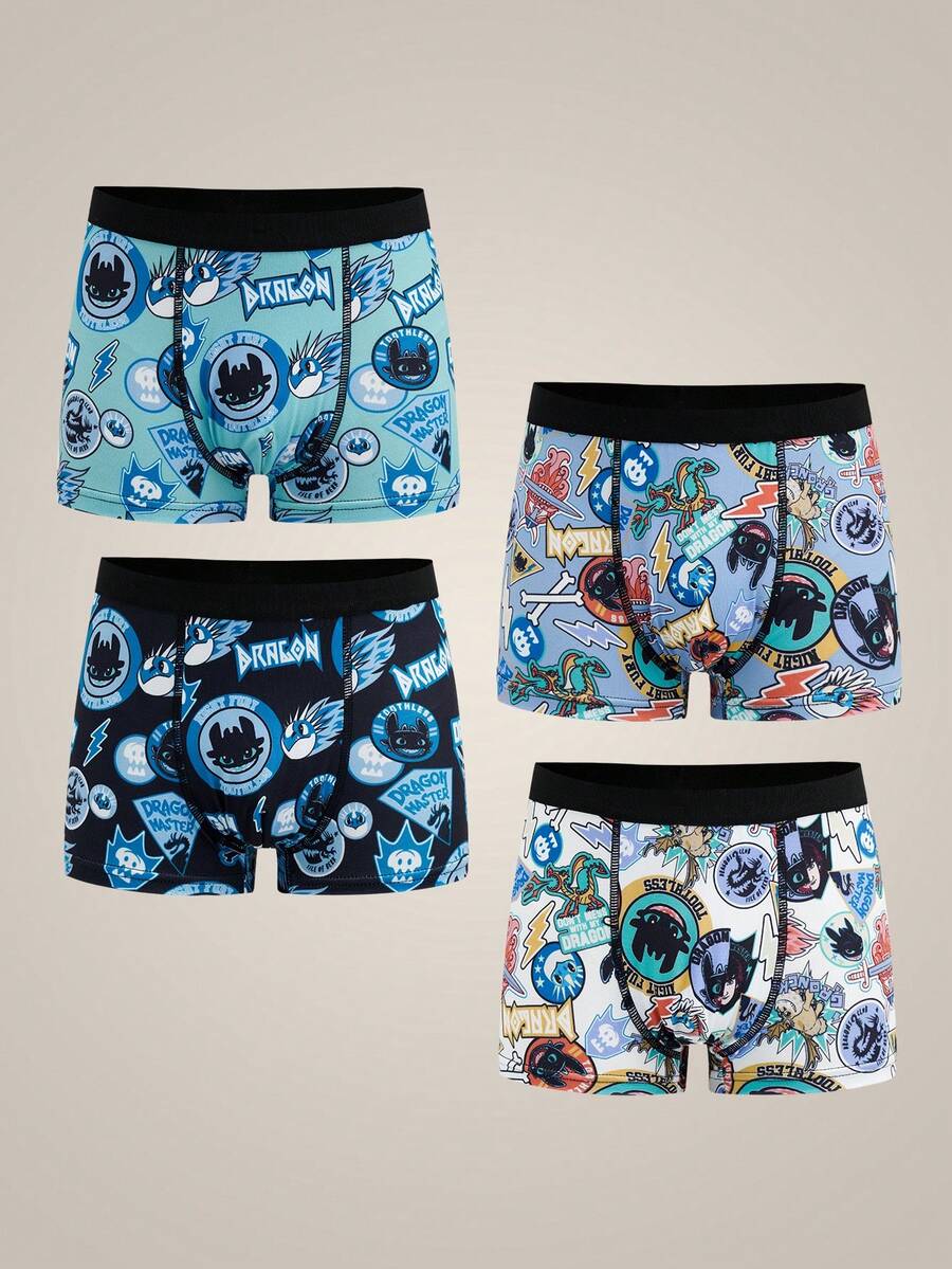 SHEIN How to Train Your Dragon Tween Boy 4pcs Full Print Contrast Waist Stitch Detail Comfortable Boxer Briefs - Multicolor - View 1