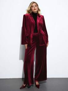 Maija Conjunto de chaqueta y pantalón de pierna ancha de unicolor con cuello de solapa y manga larga para mujer de talla grande, otoño - Burdeos - Ver 1