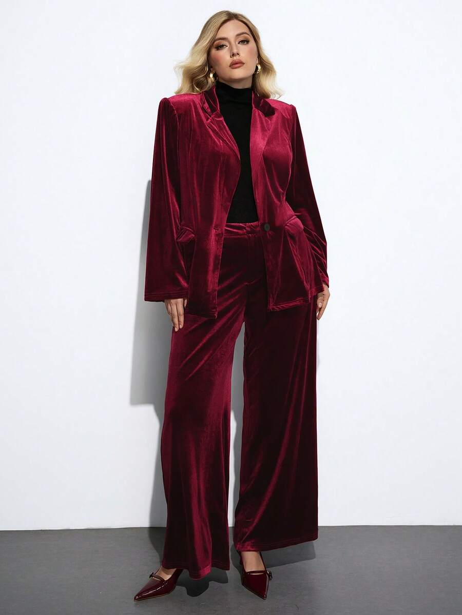 Maija Conjunto de chaqueta y pantalón de pierna ancha de unicolor con cuello de solapa y manga larga para mujer de talla grande, otoño - Burdeos - Ver 1