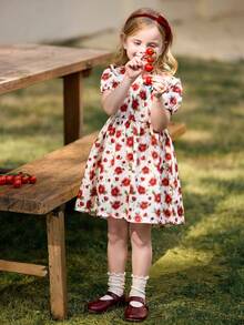 SHEIN Vintage Floral Print Puff Sleeve Dress With Bow Back For Young Girls, Suitable For Spring/Summer And Outdoor Vacation - Red and White - View 4