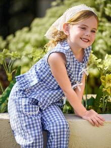 Blossori Set de 2 piezas de top con chaleco y pantalones a cuadros con decoración de moño floral vintage para niñas pequeñas, adecuado para primavera/verano y vacaciones al aire libre - Azul - Ver 5
