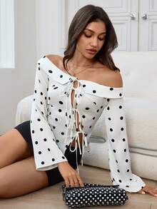 Aidyla Off Shoulder White Polka Dot Tie-Up Hollow Sexy Blouse - Black and White - View 5
