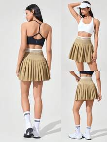 GLOWMODE 凉爽舒适，收腹提臀，无缝腰部褶裥裙，内置短裤，侧边口袋，防滑手柄，适合网球、高尔夫、健身房和日常休闲穿着。 - 駝色 - 查看 9