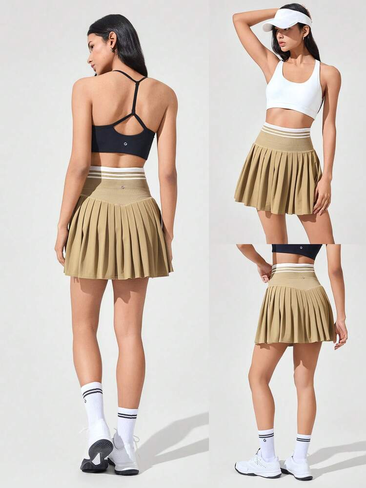 Cool Feel Tummy Control Seamless Waist Pleated Skirt With Built-In Shorts Side Pockets Non-Slip Grips Tennis Golf Gym Daily Casual