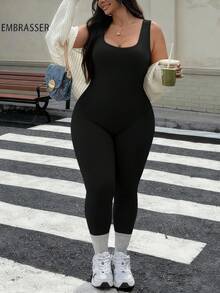 Rhythm Era 一件加大码黑色露背连体裤，舒适弹力无缝针织瑜伽健身运动服 - 黑色 - 查看 6