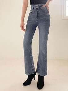 DAZY 女士高腰双层紧身牛仔裤 - 藍色 - 查看 3