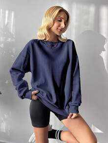 EURMUSE 100%Cotton Slogan Graphic Drop Shoulder Sweatshirt - Navy Blue - View 4