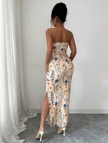 Rafferiza Damen elegantes bodennlanges Bodycon-Wickelkleid mit Rüschen, Blume Muster und Bustier-Oberteil - Aprikosenfarben - Übersicht 3