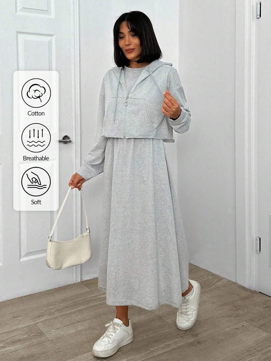 EURMUSE Grey Melange Long Sleeve Hoodie & Skirt Set - Grey - View 1