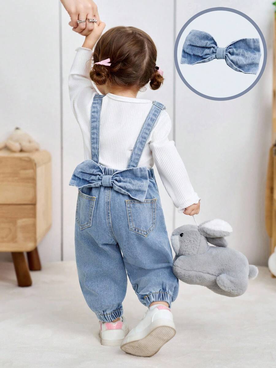 SHEIN Little Byeori Baby Girl3D Bow Decor Blue Denim Bib Pants - Light Wash - View 1