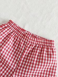 SHEIN Vintaside Kids 女童格子吊带背心和直筒短裤套装（2件套），休闲舒适，适合外出、上学、居家穿着，百搭甜美，充满活力的红色格子假日套装 - 紅色 - 查看 6